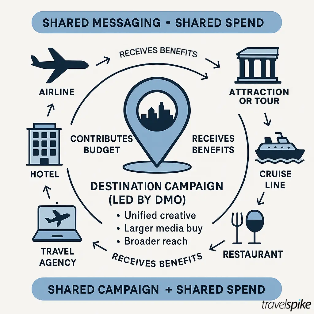 co-op-travel-marketing-destination-partners-dmo-hotels-tours-airlines-collaborating-in-shared-campaign-togetherness-and-budget-pooling-for-joint-tourism-ads