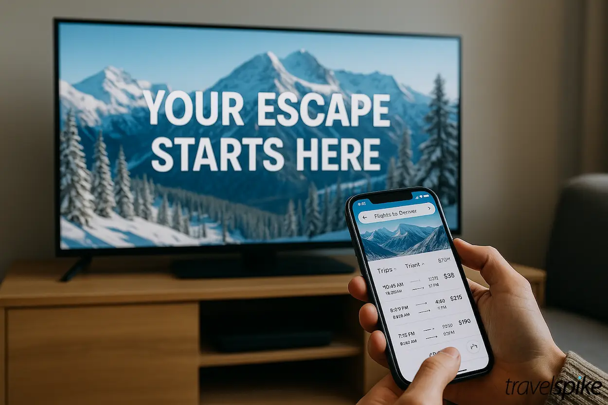CTV-travel-ad-in-living-room-winter-getaway-inspiration-multi-screen-trip-planning-traveler-using-phone-to-search-flights-after-seeing-destination-ad-TravelSpike-travel-marketing-example