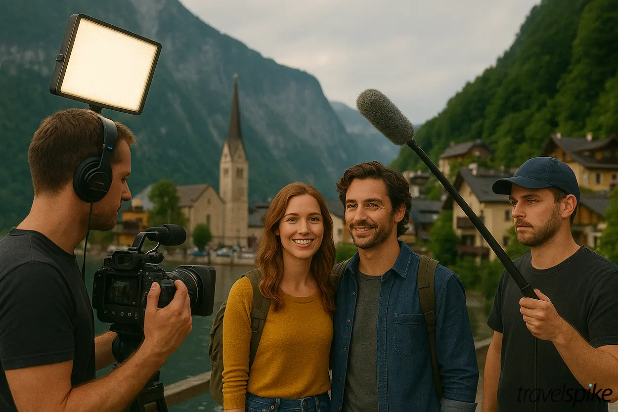 microdrama-production-scene – travel-storytelling-content – destination-marketing-filming – on-location-video-shoot – outdoor-european-village-backdrop – travel-brand-storytelling – creator-economy-for-travel – episodic-content-production – set-jetting-inspiration – behind-the-scenes-travel-video – travel-marketing-trend-microseries – narrative-driven-travel-content