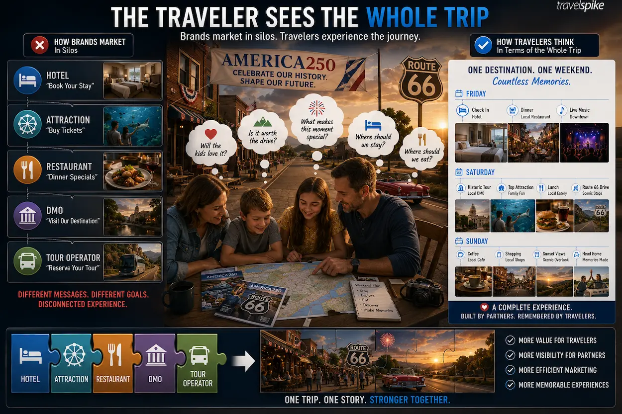 traveler-journey-vs-travel-marketing-silos-america250-route-66-co-op-marketing-trip-planning-weekend-itinerary-hotel-attraction-restaurant-dmo-tour-operator-complete-travel-experience-2026