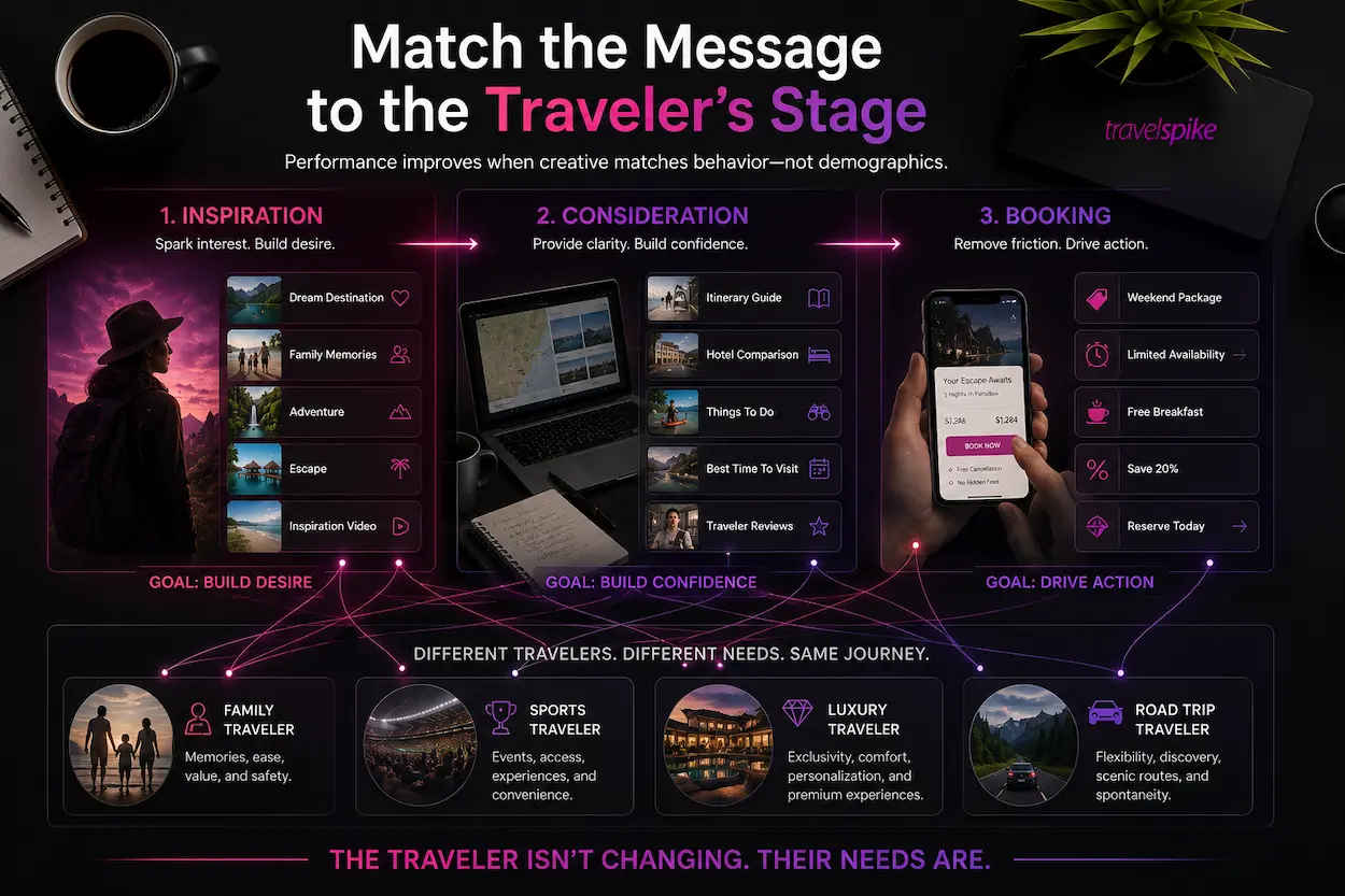 travel-performance-marketing-traveler-journey-creative-strategy-travel-marketing-funnel-dynamic-creative-optimization-travel-audience-segmentation-booking-funnel-performance-advertising-travel-campaign-personalization-conversion-optimization