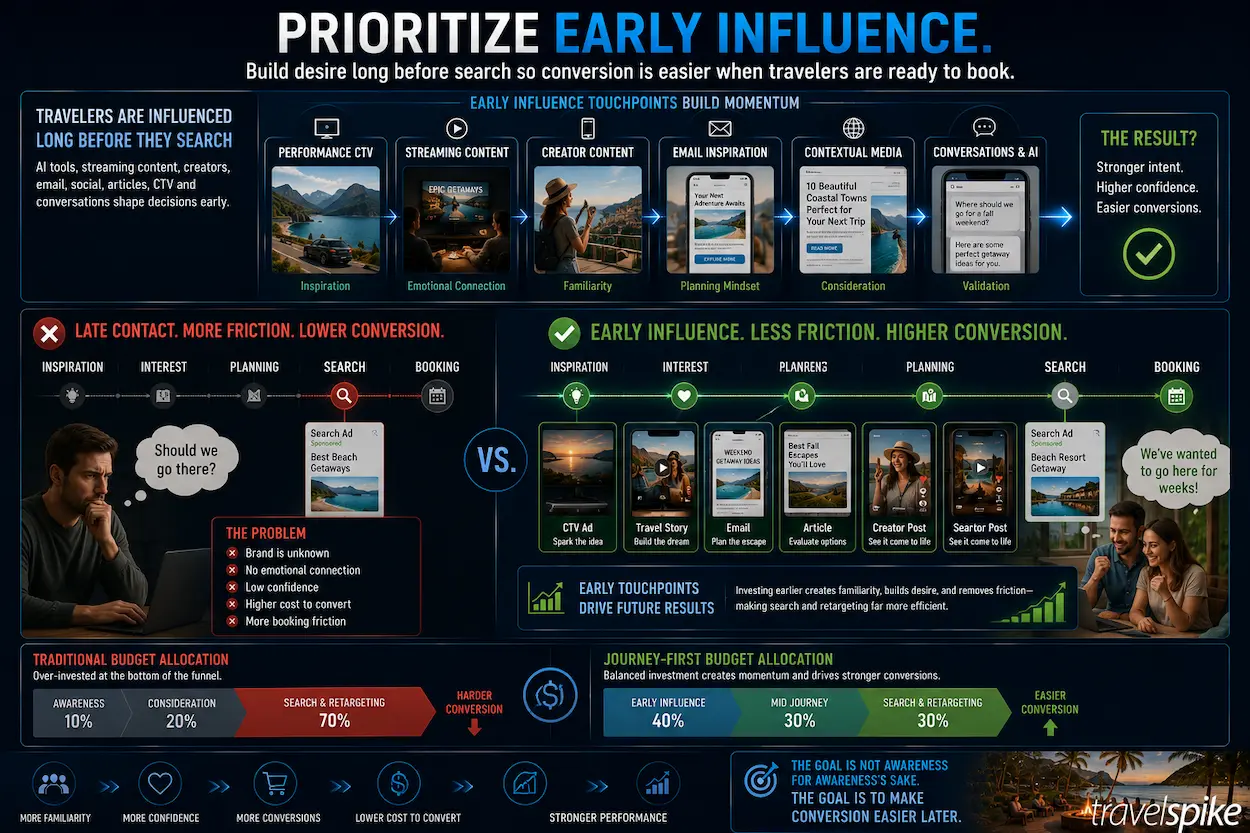 early-influence-travel-marketing-performance-ctv-contextual-travel-media-email-creator-content-traveler-decision-journey-search-retargeting-conversion-budget-strategy-2026