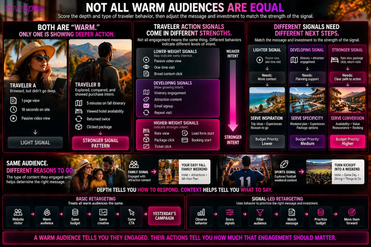 travel-retargeting-warm-audience-signal-scoring-traveler-intent-booking-start-rate-view-package-click-itinerary-engagement-repeat-visits-audience-weighting-travel-performance-marketing-retargeting-budget-prioritization-behavioral-signals-family-travel-sports-travel