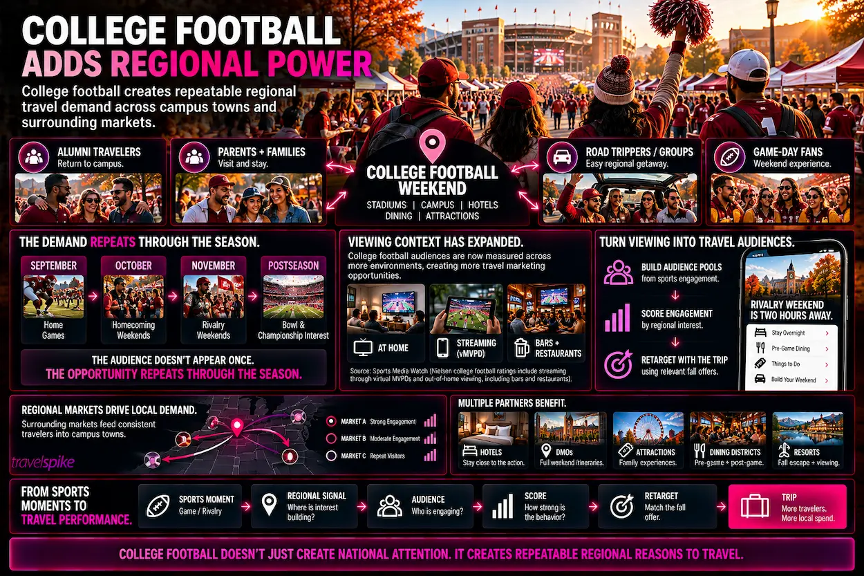 college-football-travel-marketing-regional-tourism-college-town-football-weekend-homecoming-rivalry-weekend-alumni-travel-parent-travel-regional-road-trip-streaming-sports-viewing-bars-restaurants-audience-retargeting-travel-performance-marketing-feeder-market-demand