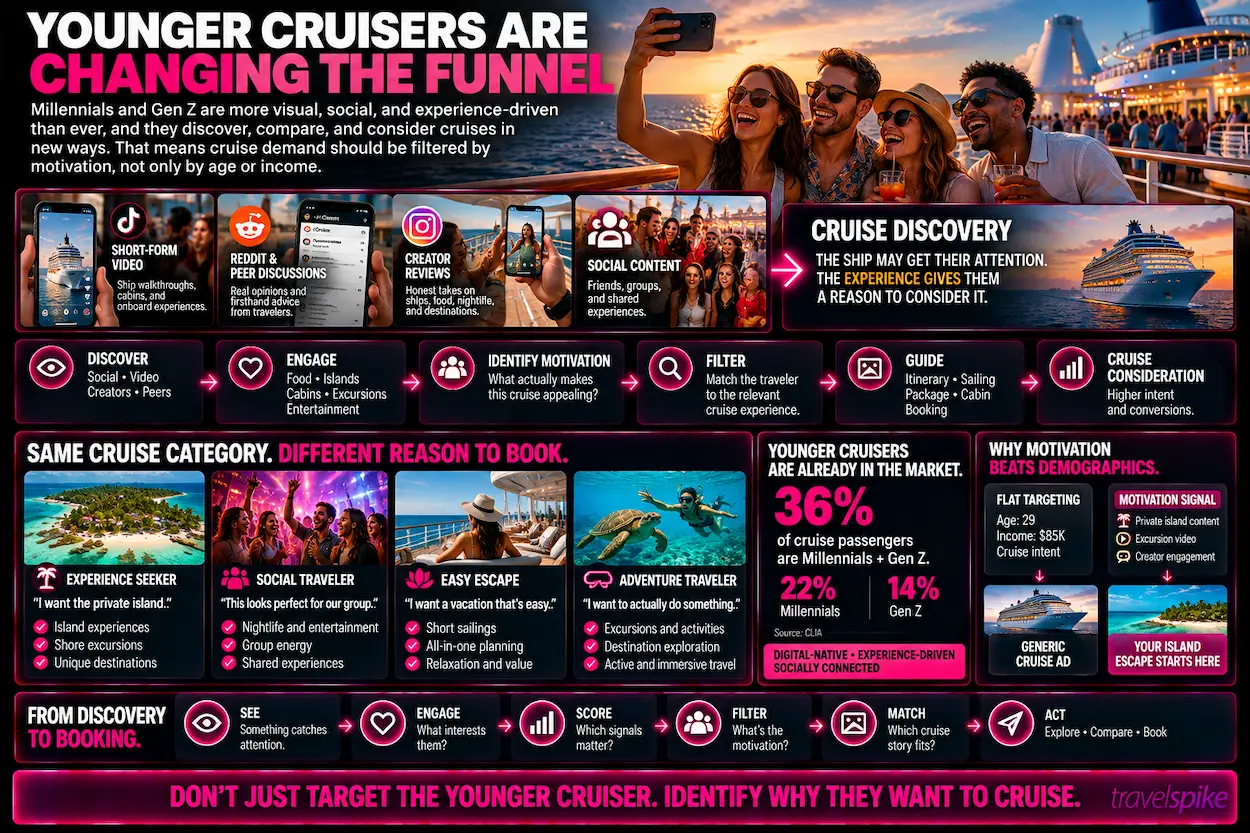 younger-cruise-travelers-Millennial-cruisers-Gen-Z-cruisers-CLIA-cruise-marketing-cruise-travel-trends-social-media-travel-discovery-cruise-experiences-private-island-shore-excursions-cruise-nightlife-cruise-wellness-traveler-motivation-cruise-audience-segmentation-performance-marketing